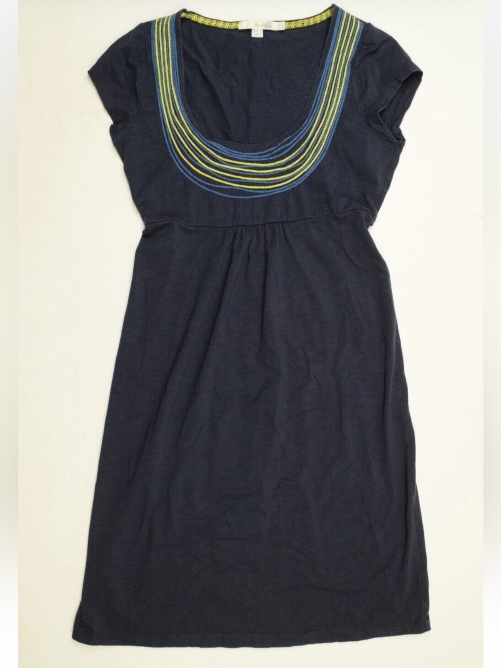 Boden Navy Blue Embroidered Necklace Scoop Neck Pencil Dress. Size 10R